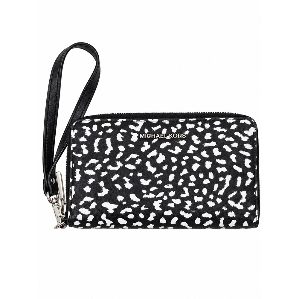 Michael Kors Jet Set Black White Cheetah Animal Print Zip Around Wristlet Wallet